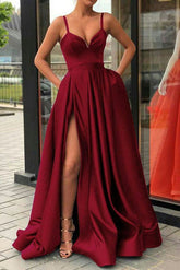 Burgundy Long Prom Dress with Pockets, Spaghetti Straps Evening Gown with Split
